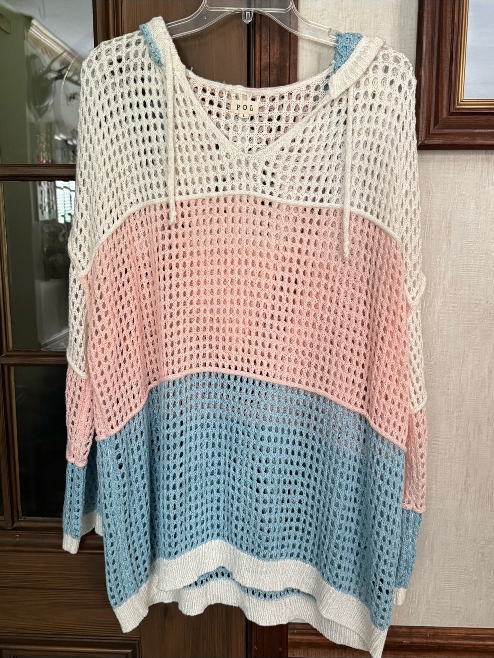POL Striped Oversized Open-Knit Hooded Swim Coverup in White, Pink & Blue